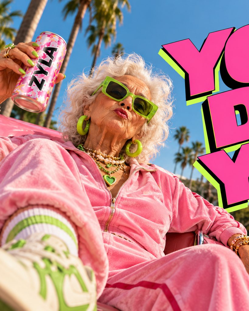 A stylish older woman in pink holding a ZYLA can